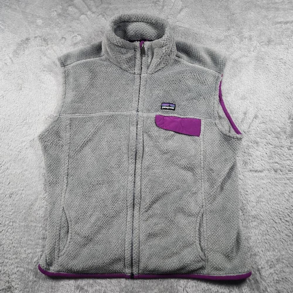 Patagonia Vest Womens XL Gray Los Gatos Fleece Full Zip Purple Trim Pockets